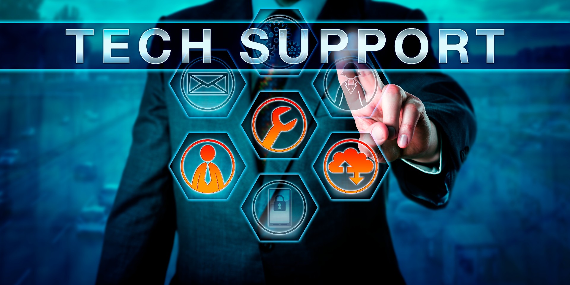 A body shot of a man in a suit reaching out and touching a comb of graphics with the word 'Tech Support' over them.