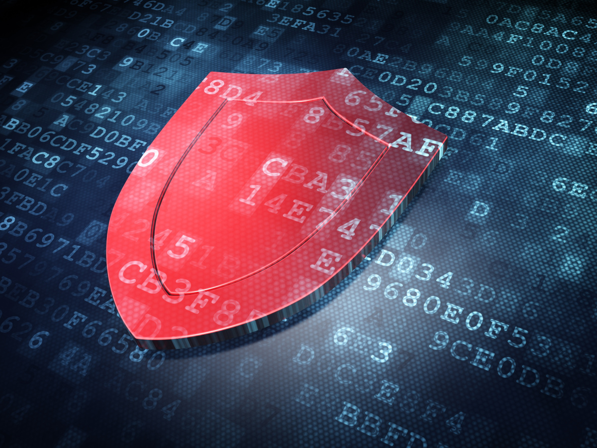 A red shield on a blue background. Cyber security concept